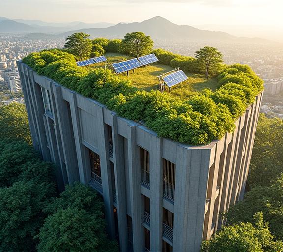 A modern building with a lush green roof and solar panels.
