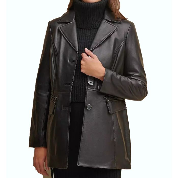  Button Front Lamb Black Jacket with Zipper Detail Pockets
