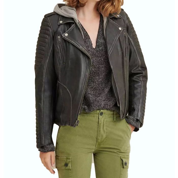 Quilted Shoulder Leather Moto Cycle Jacket    