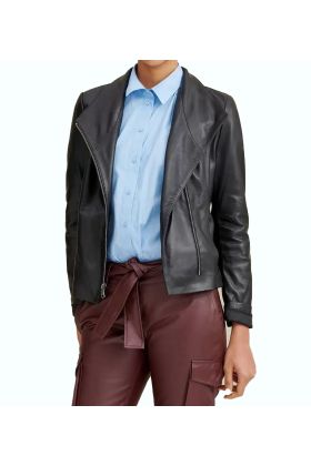 Asymmetrical Ribbed Black Leather Jacket