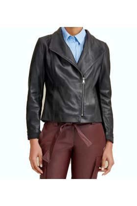 Asymmetrical Ribbed Black Leather Jacket