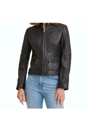 Black Leather Jacket with Quilted Shoulder 