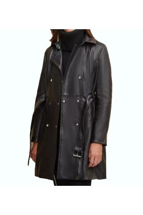 Classic Leather Belted Trench Coat Black