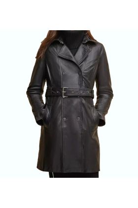 Classic Leather Belted Trench Coat Black