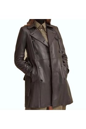 Double-Breasted Belted Black Leather Trench Coat