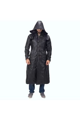 Huntsman Black Hooded Leather Trench Coat 