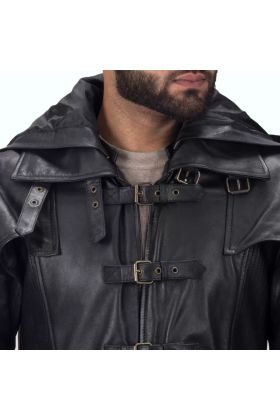 Huntsman Black Hooded Leather Trench Coat 