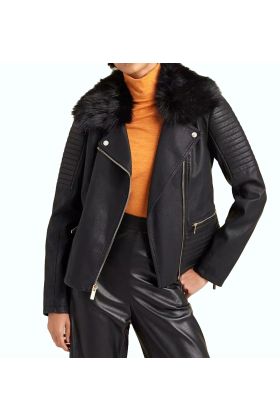 Leather Fur Collared Asymmetrical Moto Black