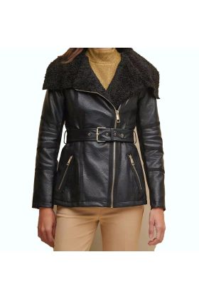 Mid Length Fur Lined Leather Jacket Black   