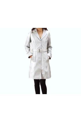 Moonlight Silver Leather Trench Coat   