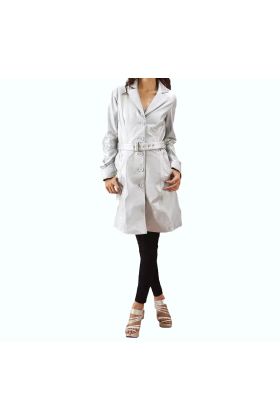 Moonlight Silver Leather Trench Coat   