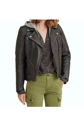 Quilted Shoulder Leather Moto Cycle Jacket    