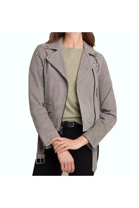 Sophie Belted Suede Asymmetrical Moto Jacket Grey 